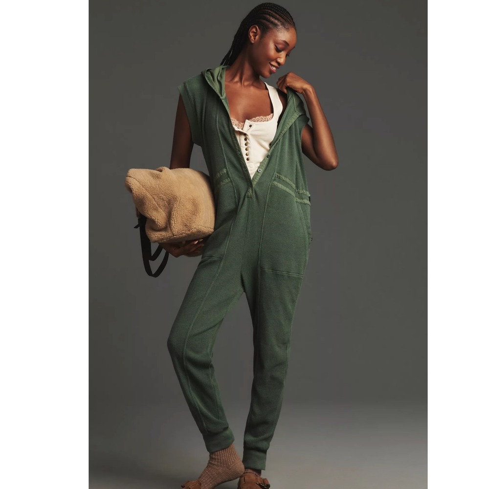 Daily Practice Womens Olive Hooded Vapor Waffle Jumpsuit M Waffle Knit